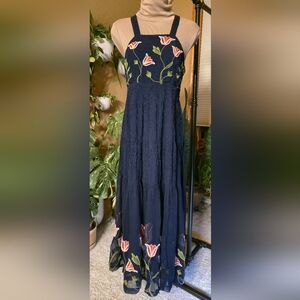 Anthropologie Floreat Tulipan Maxi Dress,Navy Blue and Pink Embroidered Tulips